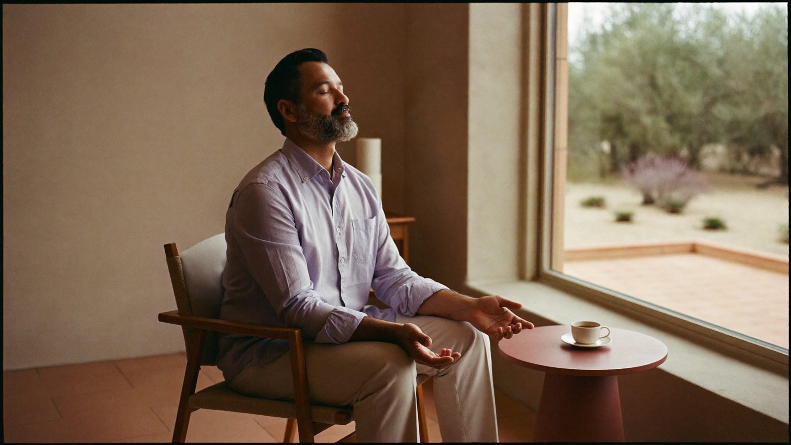 Hombre respirando con calma sentado junto a una ventana en una consulta luminosa