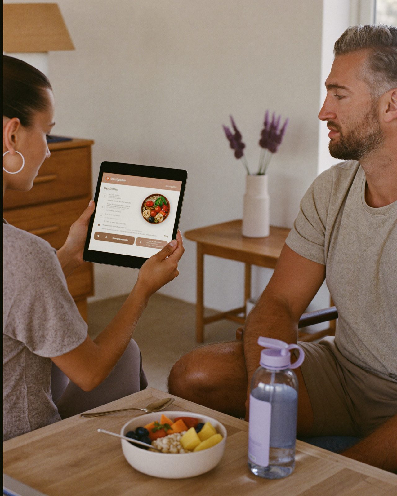 Nutricionista deportiva explicando un plan de alimentación a un deportista